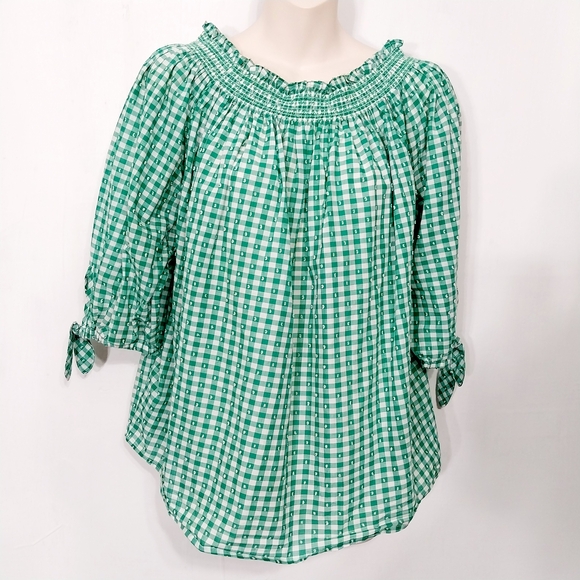 Izod Tops - 🔵BOGO FREE🔵 Izod Green Gingham Off-Shoulder Peasant Top Sz L